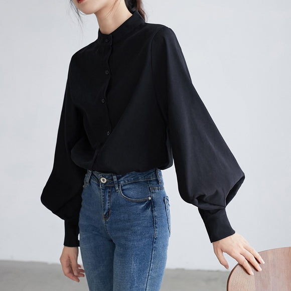 Women Shirt - Big Lantern Sleeve Blouse Women Autumn Winter Single Breasted Stand Collar Shirts Office Work Blouse Solid Vintage Blouse Shirts