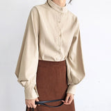 Women Shirt - Big Lantern Sleeve Blouse Women Autumn Winter Single Breasted Stand Collar Shirts Office Work Blouse Solid Vintage Blouse Shirts