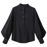 Women Shirt - Big Lantern Sleeve Blouse Women Autumn Winter Single Breasted Stand Collar Shirts Office Work Blouse Solid Vintage Blouse Shirts