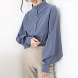 Women Shirt - Big Lantern Sleeve Blouse Women Autumn Winter Single Breasted Stand Collar Shirts Office Work Blouse Solid Vintage Blouse Shirts