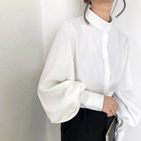 Women Shirt - Big Lantern Sleeve Blouse Women Autumn Winter Single Breasted Stand Collar Shirts Office Work Blouse Solid Vintage Blouse Shirts