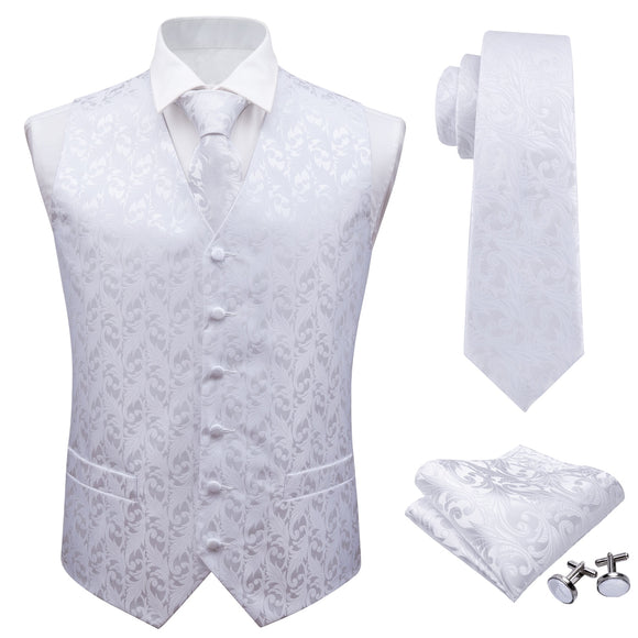 Suit Men - Classic White Floral Jacquard Silk Waistcoat Vests Handkerchief Party Wedding Tie Vest Suit Pocket Square Set