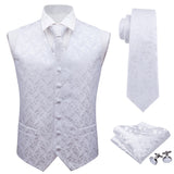 Suit Men - Classic White Floral Jacquard Silk Waistcoat Vests Handkerchief Party Wedding Tie Vest Suit Pocket Square Set