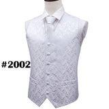 Suit Men - Classic White Floral Jacquard Silk Waistcoat Vests Handkerchief Party Wedding Tie Vest Suit Pocket Square Set