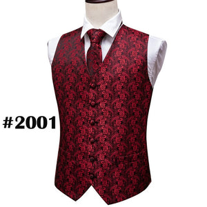 Suit Men - Classic White Floral Jacquard Silk Waistcoat Vests Handkerchief Party Wedding Tie Vest Suit Pocket Square Set