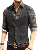 Suit Men - Vest V Neck Wool Herringbone Tweed Casual Waistcoat Formal Business Vest Groomman For Green/Black/Brown/Coffee