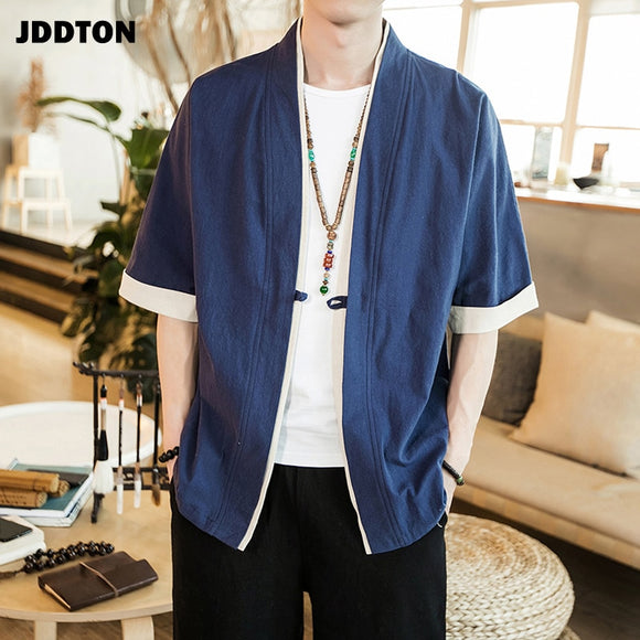 Jacket Men - Linen Kimono Long Cardigan Outerwear Coats Fashion Streetwear Short Loose Male Jackets Casual Overcoat JE005