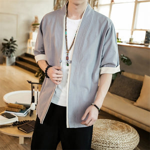 Jacket Men - Linen Kimono Long Cardigan Outerwear Coats Fashion Streetwear Short Loose Male Jackets Casual Overcoat JE005