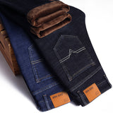 Jeans Men - Winter Thermal Warm Flannel Stretch Jeans Men's Winter Quality Famous Brand Fleece Pants Men Straight Flocking Trousers Jean Male