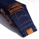 Jeans Men - Winter Thermal Warm Flannel Stretch Jeans Men's Winter Quality Famous Brand Fleece Pants Men Straight Flocking Trousers Jean Male