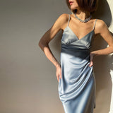 Women Dresses - 2020 Women Satin Deep V Neck Sexy Dress Solid Straight Pajamas Party Dress Elegant Female Summer Spaghetti Strap Dress Casual