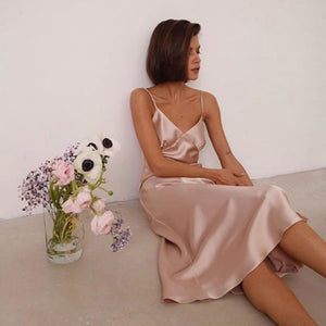 Women Dresses - 2020 Women Satin Deep V Neck Sexy Dress Solid Straight Pajamas Party Dress Elegant Female Summer Spaghetti Strap Dress Casual