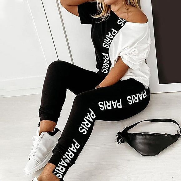 Women Set - Off Shoulder Tracksuit Sets Women's 2 Piece Set Letter Print Short Sleeve Female Top Suit 2020 Summer Sport Pant Suits Ladies