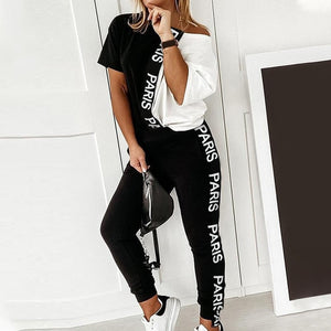 Women Set - Off Shoulder Tracksuit Sets Women's 2 Piece Set Letter Print Short Sleeve Female Top Suit 2020 Summer Sport Pant Suits Ladies