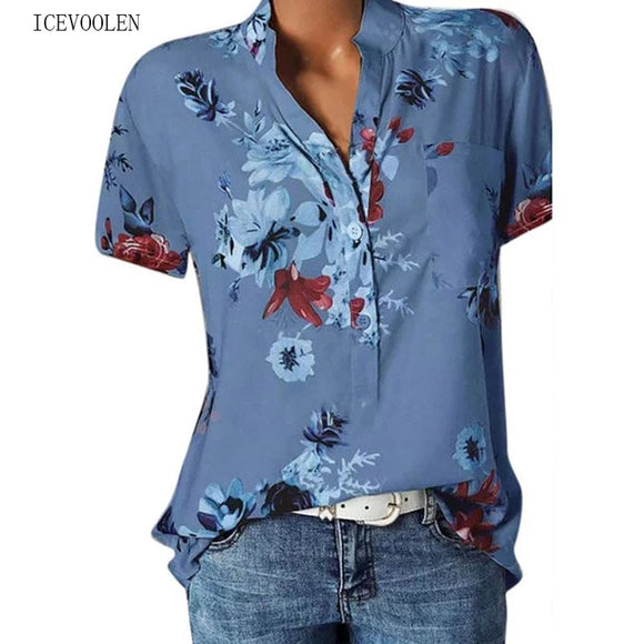 Women Shirt - Elegant women's shirt printing large size casual shirt fashion V-neck short-sleeved shirt blouse