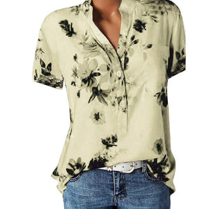 Women Shirt - Elegant women's shirt printing large size casual shirt fashion V-neck short-sleeved shirt blouse