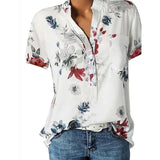 Women Shirt - Elegant women's shirt printing large size casual shirt fashion V-neck short-sleeved shirt blouse