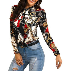 Women Shirt - Explosion models 2020 fashion chain printing ladies shirt neckline with long-sleeved casual shirt blouse