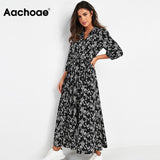 Women Dresses - Vintage Floral Print Maxi Dress Women Boho Three Quarter Sleeve Long Dress Turn Down Collar Casual Shirt Dresses Robe