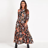 Women Dresses - Vintage Floral Print Maxi Dress Women Boho Three Quarter Sleeve Long Dress Turn Down Collar Casual Shirt Dresses Robe
