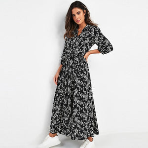 Women Dresses - Vintage Floral Print Maxi Dress Women Boho Three Quarter Sleeve Long Dress Turn Down Collar Casual Shirt Dresses Robe