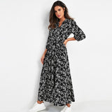 Women Dresses - Vintage Floral Print Maxi Dress Women Boho Three Quarter Sleeve Long Dress Turn Down Collar Casual Shirt Dresses Robe