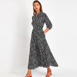 Women Dresses - Vintage Floral Print Maxi Dress Women Boho Three Quarter Sleeve Long Dress Turn Down Collar Casual Shirt Dresses Robe