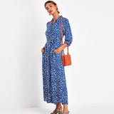 Women Dresses - Vintage Floral Print Maxi Dress Women Boho Three Quarter Sleeve Long Dress Turn Down Collar Casual Shirt Dresses Robe
