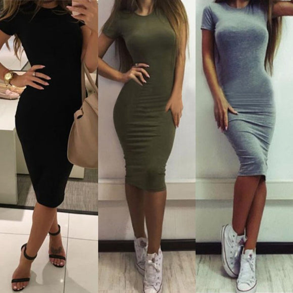 Women Dresses - Vestido Summer Short Or Long Sleeve Slim Body con Dress Tunic Round Neck Casual Pencil Dresses