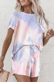 Women Set - Women Casual Loose Tie Dye Colorful Clothing Sets Lady Short Sleeve Pullover Crew Neck Top +  High Waist Drawstring Shorts