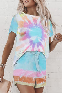 Women Set - Women Casual Loose Tie Dye Colorful Clothing Sets Lady Short Sleeve Pullover Crew Neck Top +  High Waist Drawstring Shorts