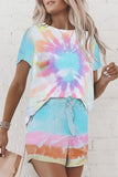 Women Set - Women Casual Loose Tie Dye Colorful Clothing Sets Lady Short Sleeve Pullover Crew Neck Top +  High Waist Drawstring Shorts