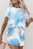 Women Set - Women Casual Loose Tie Dye Colorful Clothing Sets Lady Short Sleeve Pullover Crew Neck Top +  High Waist Drawstring Shorts