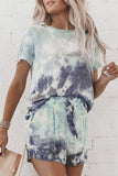 Women Set - Women Casual Loose Tie Dye Colorful Clothing Sets Lady Short Sleeve Pullover Crew Neck Top +  High Waist Drawstring Shorts