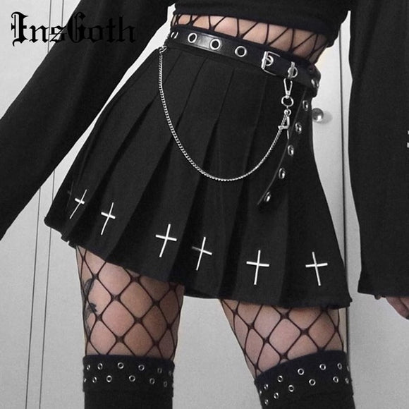Women Skirt - High Waist Mini Black Skirts Gothic Street wear Cross Print Pleated Women Skirts Casual College Lolita Skirt