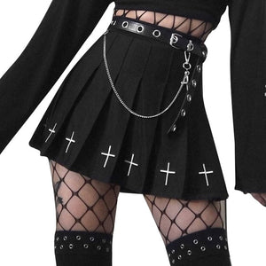 Women Skirt - High Waist Mini Black Skirts Gothic Street wear Cross Print Pleated Women Skirts Casual College Lolita Skirt