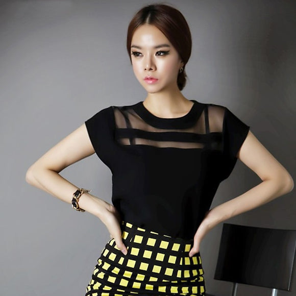 Women Shirt - Summer Ladies Black Tops Chiffon Shirts Blouses Women Sheer Cheap Clothes China Femininas Camisas Clothing Female Plus Size