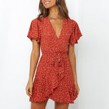 Women Dresses - 2020 Summer Boho Printed Mini Dress Women V Neck Holiday Beach Dresses A Line Short Sleeve Ruffle Wrap Dress Vestidos