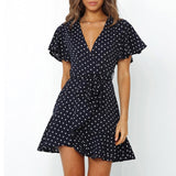 Women Dresses - 2020 Summer Boho Printed Mini Dress Women V Neck Holiday Beach Dresses A Line Short Sleeve Ruffle Wrap Dress Vestidos