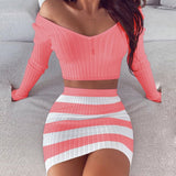 Women Dresses - Striped V Neck Slim Knit Soft Summer Dress Women 2020 Spring Off the Shoulder Long Sleeve Mini Dress Elegant Ladies Party Dress