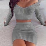 Women Dresses - Striped V Neck Slim Knit Soft Summer Dress Women 2020 Spring Off the Shoulder Long Sleeve Mini Dress Elegant Ladies Party Dress