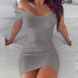 Women Dresses - Striped V Neck Slim Knit Soft Summer Dress Women 2020 Spring Off the Shoulder Long Sleeve Mini Dress Elegant Ladies Party Dress
