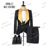Suit Men - 2020 Peaked Lapel Slim Fit Black Gold Jacquard Smoking Tuxedo Groom Dinner Party Suit Men 3 Piece Wedding Dress Best Man Suit