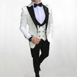Suit Men - 2020 Peaked Lapel Slim Fit Black Gold Jacquard Smoking Tuxedo Groom Dinner Party Suit Men 3 Piece Wedding Dress Best Man Suit