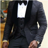 Suit Men - 2020 Peaked Lapel Slim Fit Black Gold Jacquard Smoking Tuxedo Groom Dinner Party Suit Men 3 Piece Wedding Dress Best Man Suit