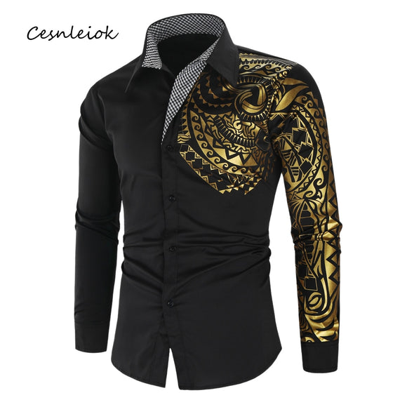 Shirt Men - Luxury Gold Black Shirt Men New Slim Fit Long Sleeve Camisa Masculina Gold Black Chemise Homme Social Men Club Prom Shirt