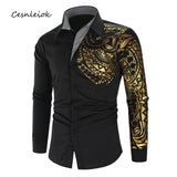 Shirt Men - Luxury Gold Black Shirt Men New Slim Fit Long Sleeve Camisa Masculina Gold Black Chemise Homme Social Men Club Prom Shirt