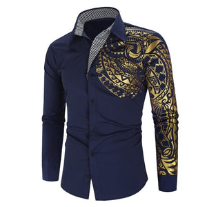 Shirt Men - Luxury Gold Black Shirt Men New Slim Fit Long Sleeve Camisa Masculina Gold Black Chemise Homme Social Men Club Prom Shirt