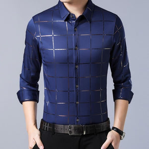 Shirt Men - casual spring luxury plaid long sleeve slim fit men shirt street wear social dress shirts men''s fashions jersey