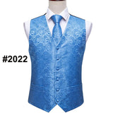 Suit Men - Classic White Floral Jacquard Silk Waistcoat Vests Handkerchief Party Wedding Tie Vest Suit Pocket Square Set